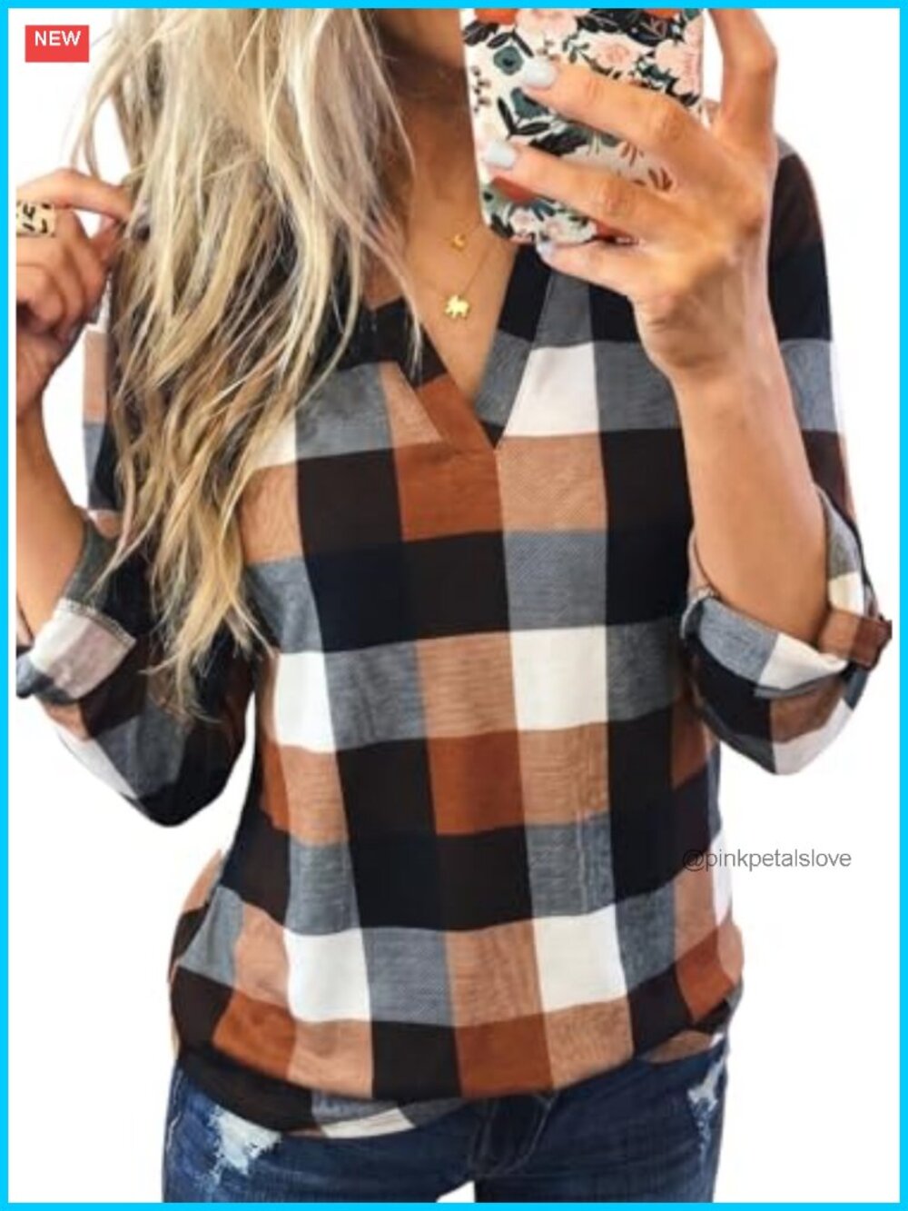 Dokotoo Womens Plaid Cotton 3/4 Sleeve Cuffed Blouse High-Low Tunic Top